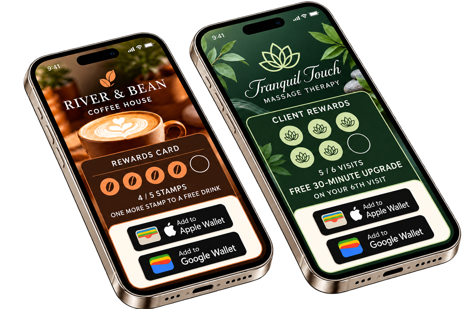 River & Bean Coffee House and Tranquil Touch Massage Therapy rewards cards displayed on two phones
