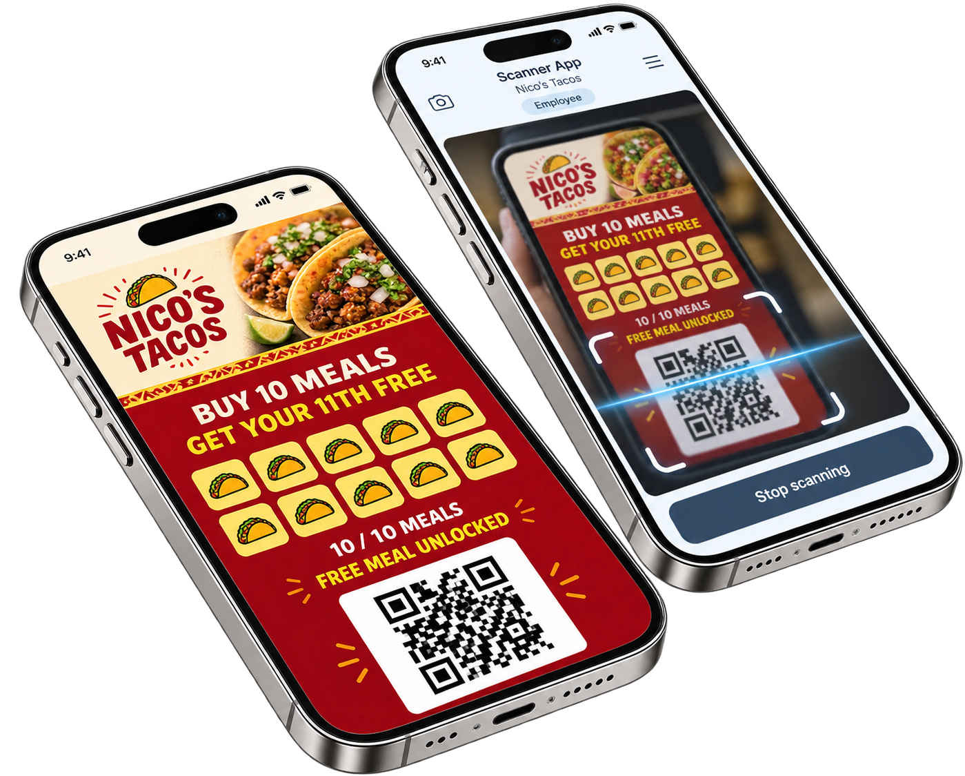 Nico’s Tacos digital meal rewards card beside an employee phone actively scanning its QR code
